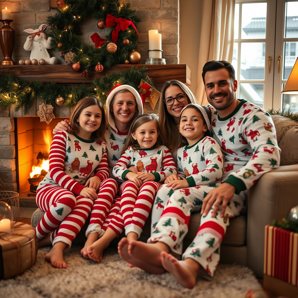 Cozy family wearing Christmas sleepwear by the fireplace together