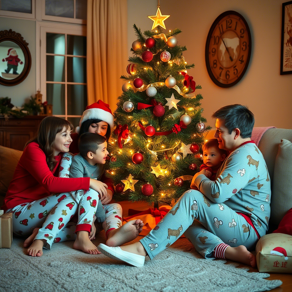 Cozy family wearing festive PJs gathered around Christmas tree