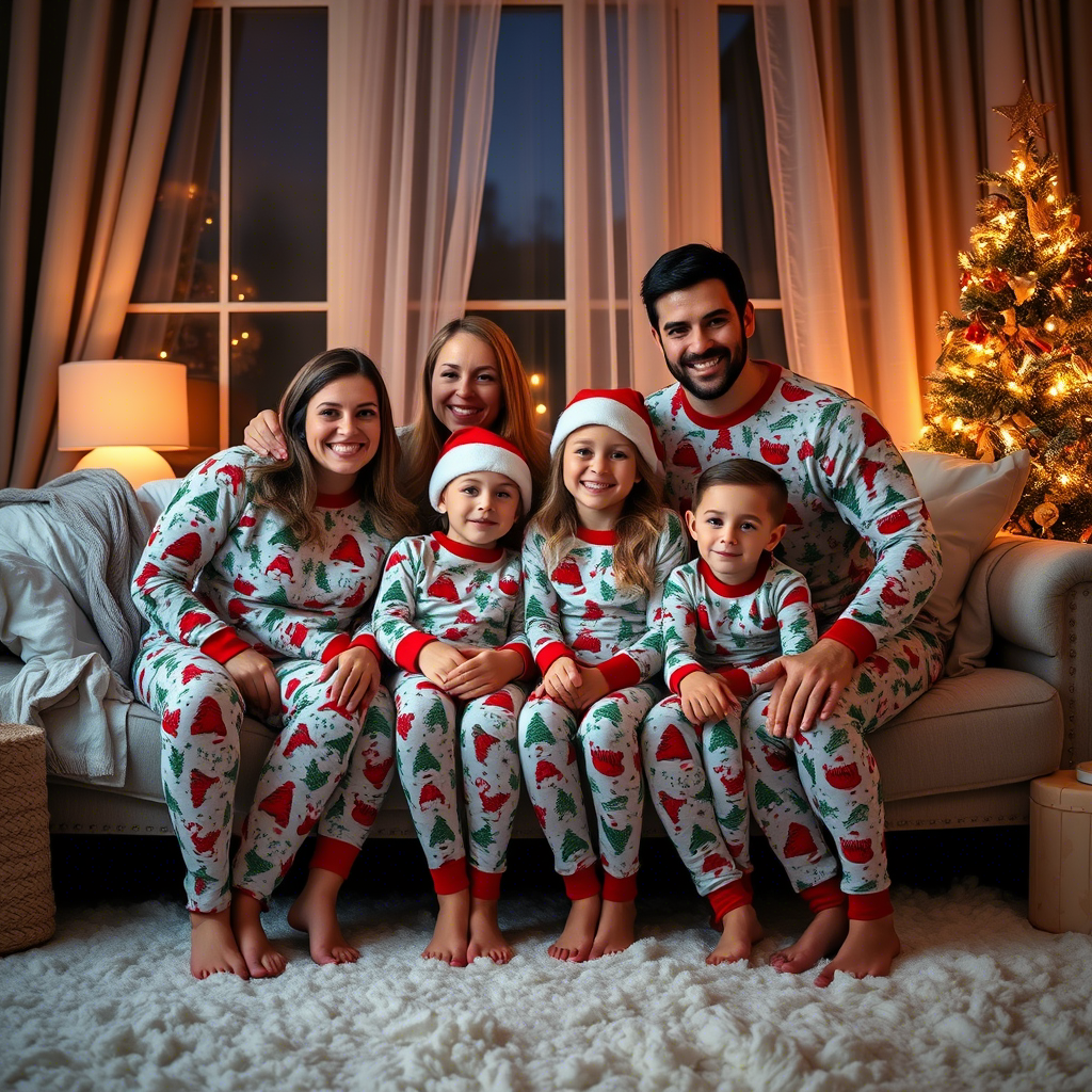 Cozy family wearing matching Christmas pajamas on a winter night