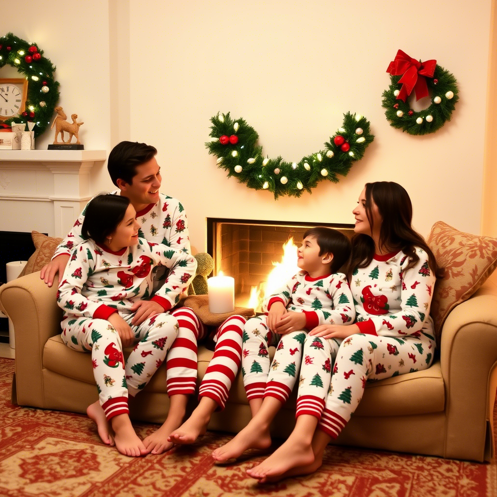 Cozy family wearing matching Christmas PJs by the fireplace