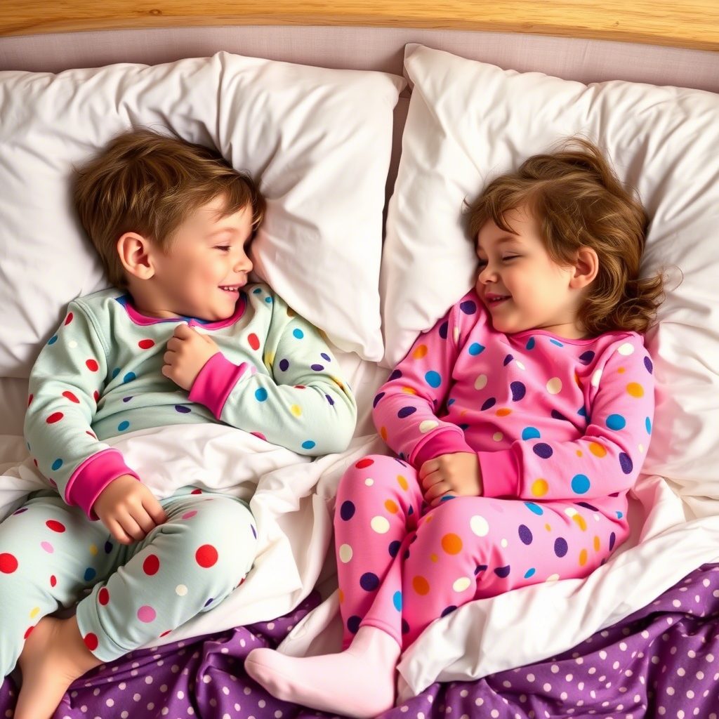 Cozy kids in colorful sleepwear snuggled up in bed
