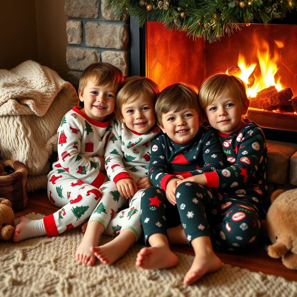 Cozy kids in festive Christmas PJs snuggled by the fireplace