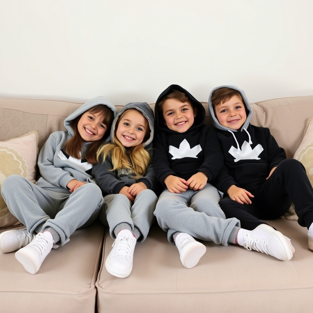 Cozy kids in matching hoodies and sweatpants lounging on a couch