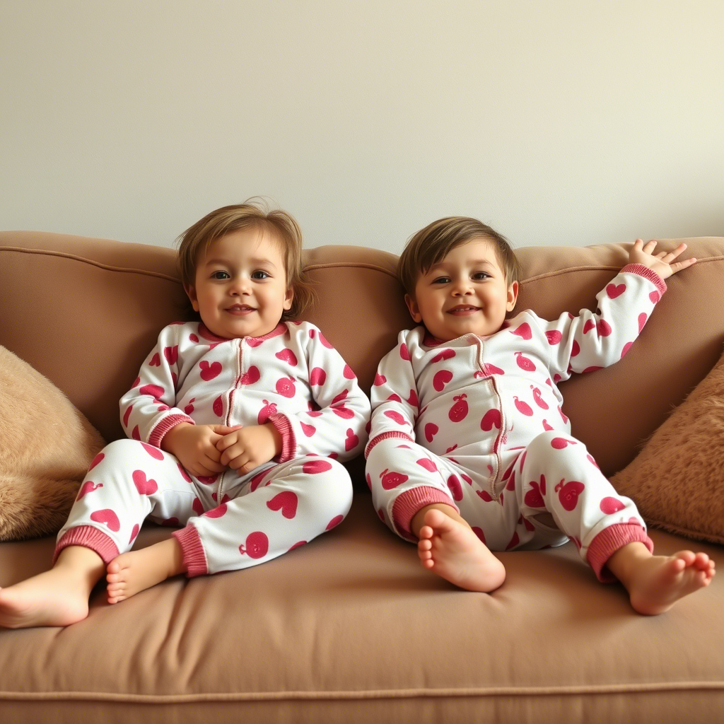 Cozy kids in matching sleepwear lounging on a plush couch