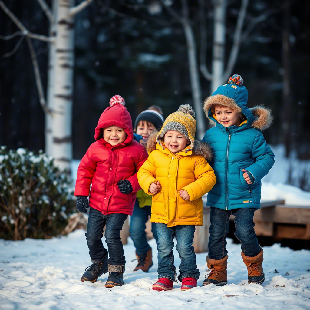 Cozy kids in warm winter jackets and jeans playing outside