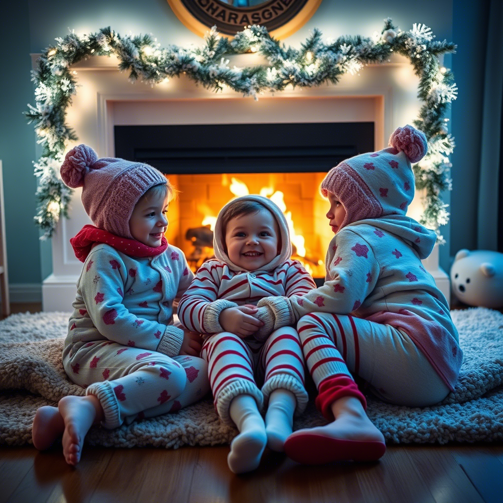 Cozy kids in warm winter pajamas snuggled up by fireplace