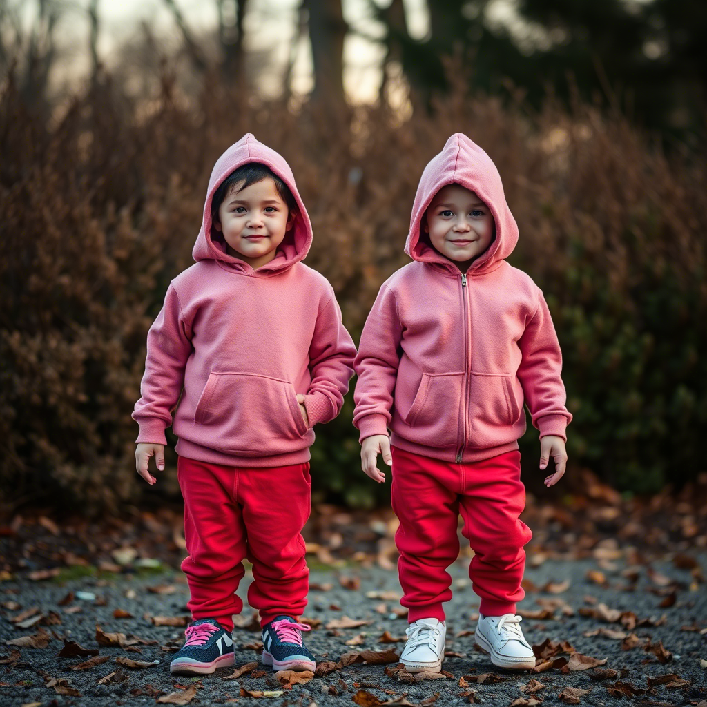 Cozy kids wearing matching hoodies and sweatpants on a winter morning