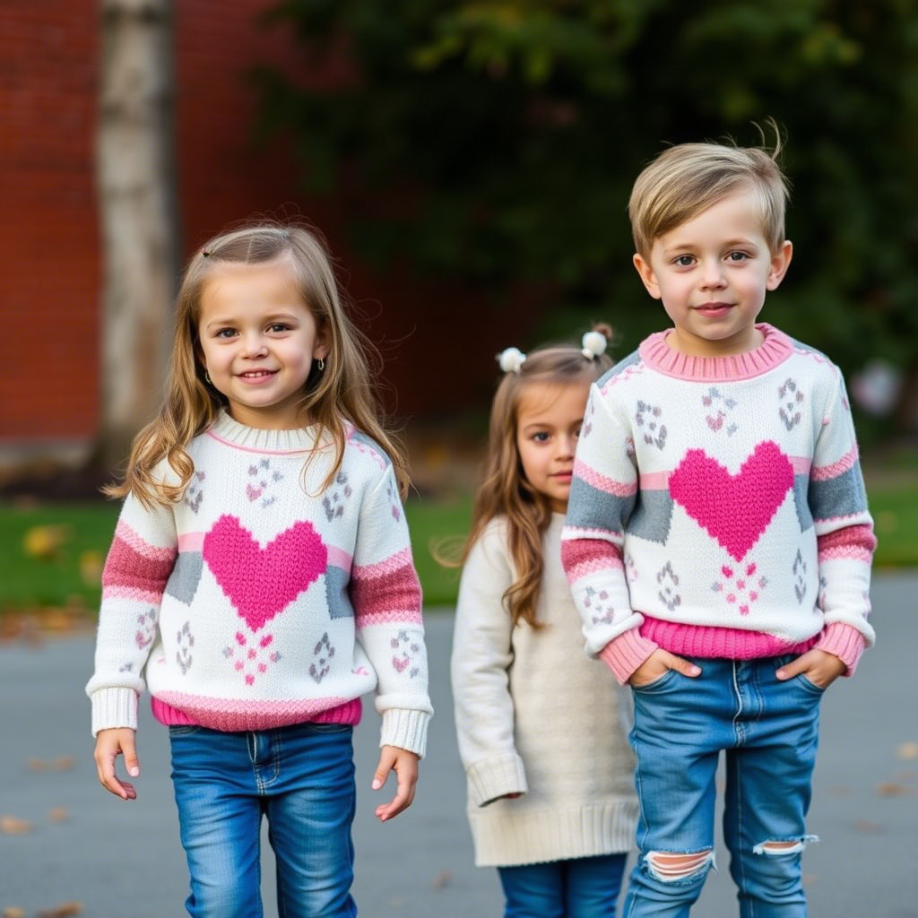 Cozy kids wearing matching jeans and sweaters outdoors
