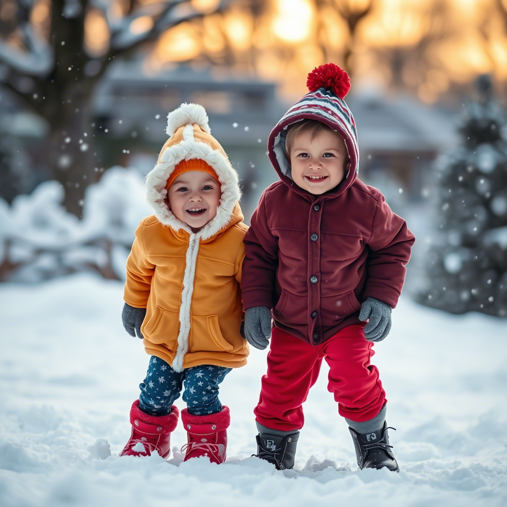 Cozy kids wearing warm winter hoodies playing in snow