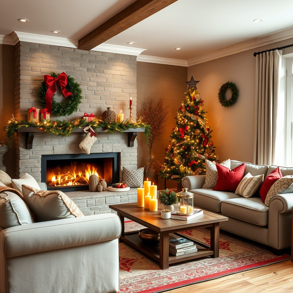 Cozy living room with fireplace and festive holiday atmosphere