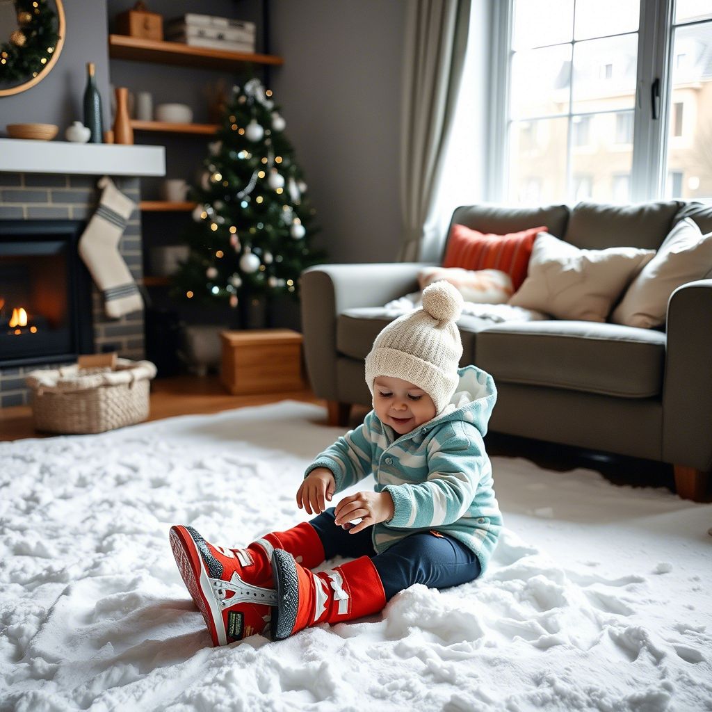 Cozy living room with toddler playing in snow gear