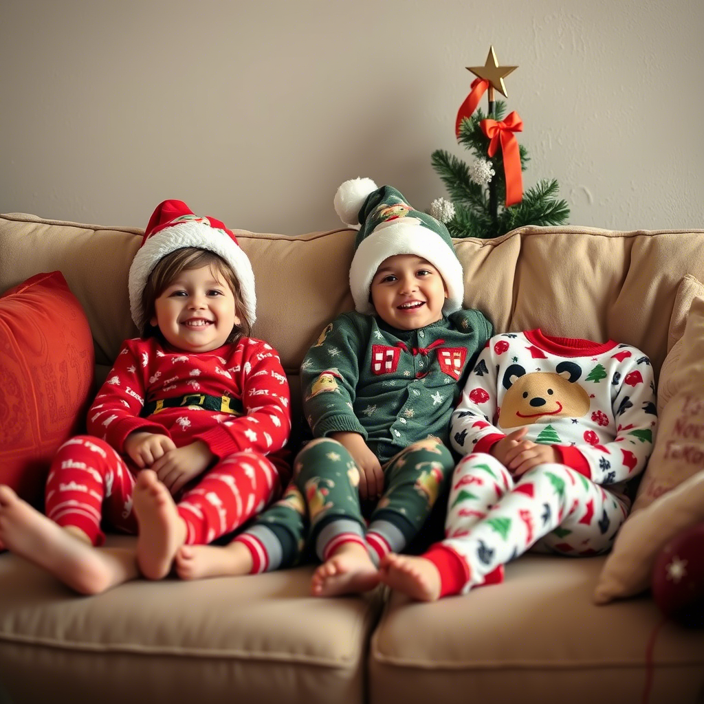 Cozy siblings in festive holiday sleepwear on couch
