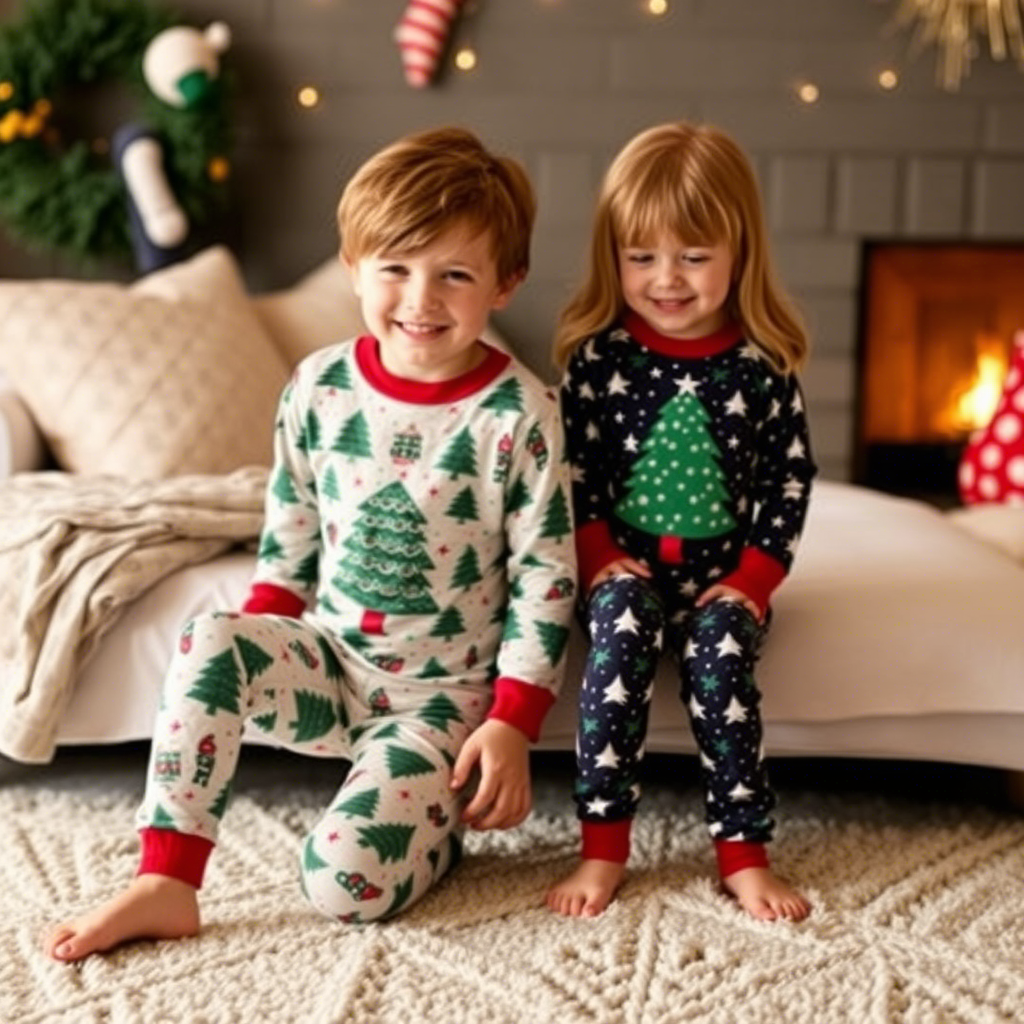 Cozy winter Christmas tree pattern PJs for boys and girls