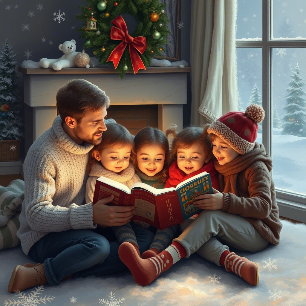 Cozy winter scene with kids reading Christmas stories together