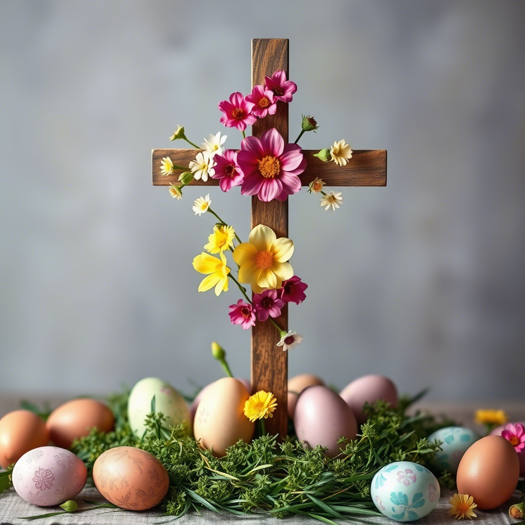 Cross adorned with flowers, surrounded by Easter eggs and greenery