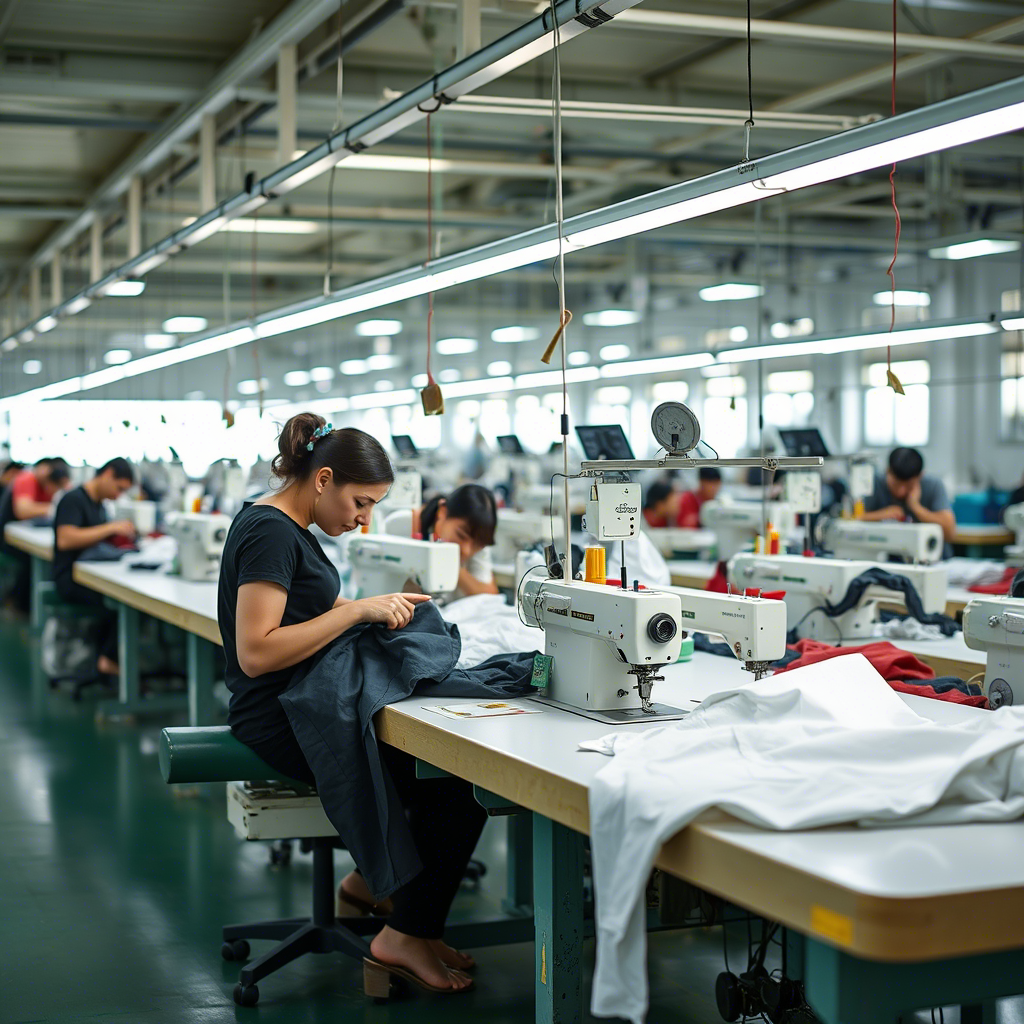 Custom clothing factory production line with workers sewing garments