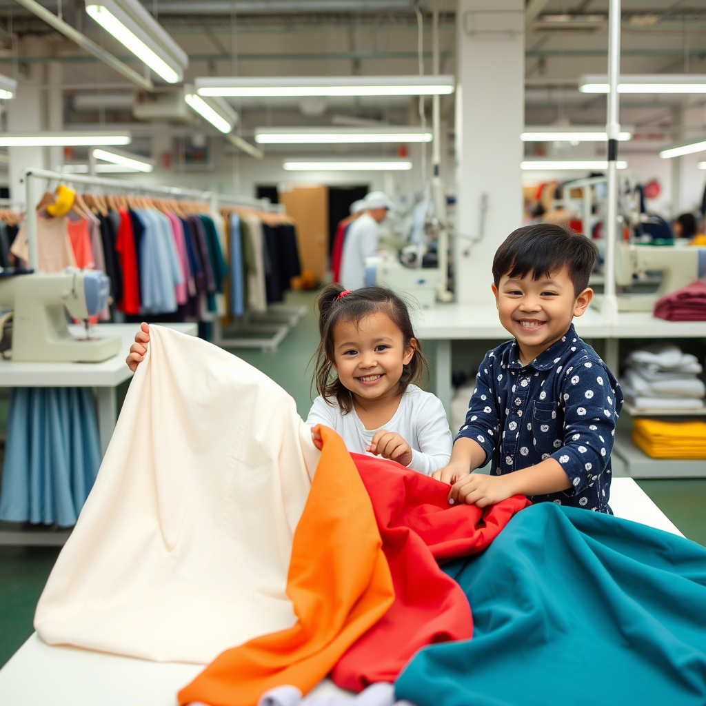 Custom clothing factory with children happily playing with fabric swatches