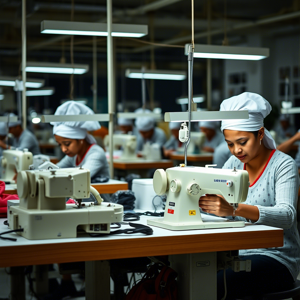 Custom clothing factory workers operating industrial sewing machines
