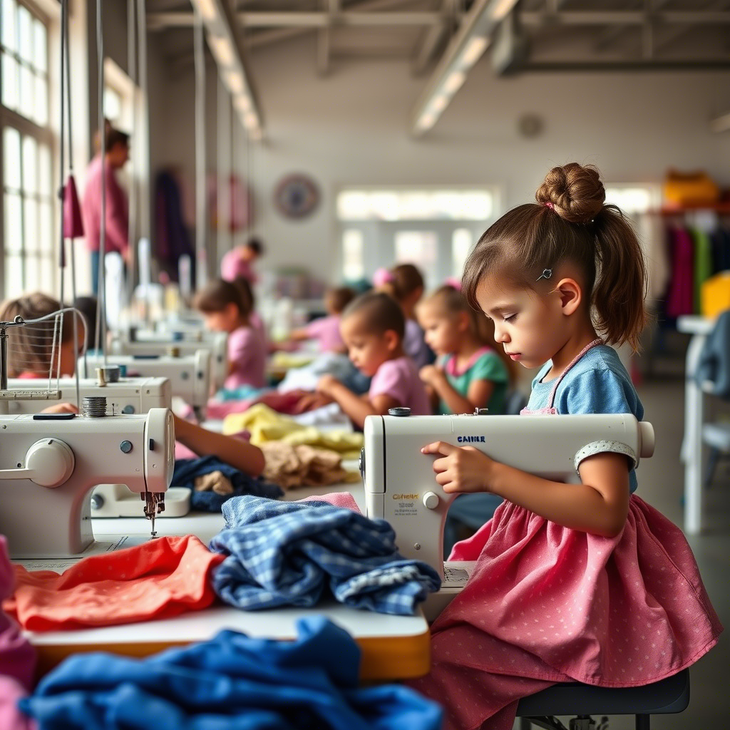 Custom kids clothing factory with busy workers sewing