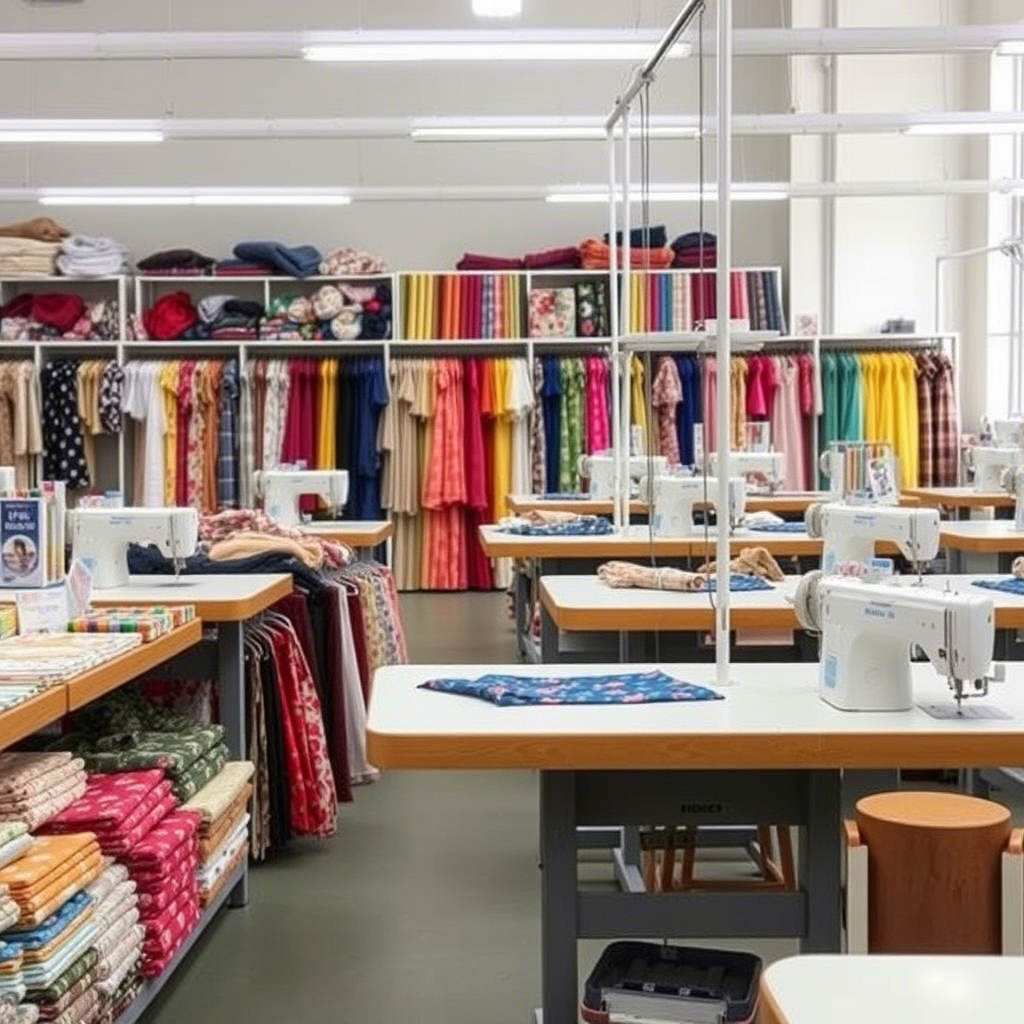 Custom kids clothing factory with rolls of colorful fabrics and sewing machines