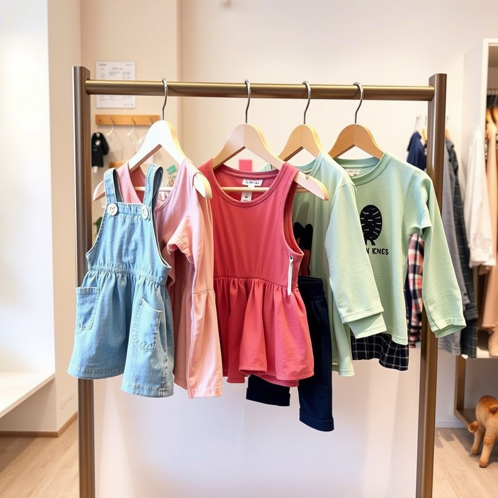 Cute apparel for kids hanging in a trendy boutique store