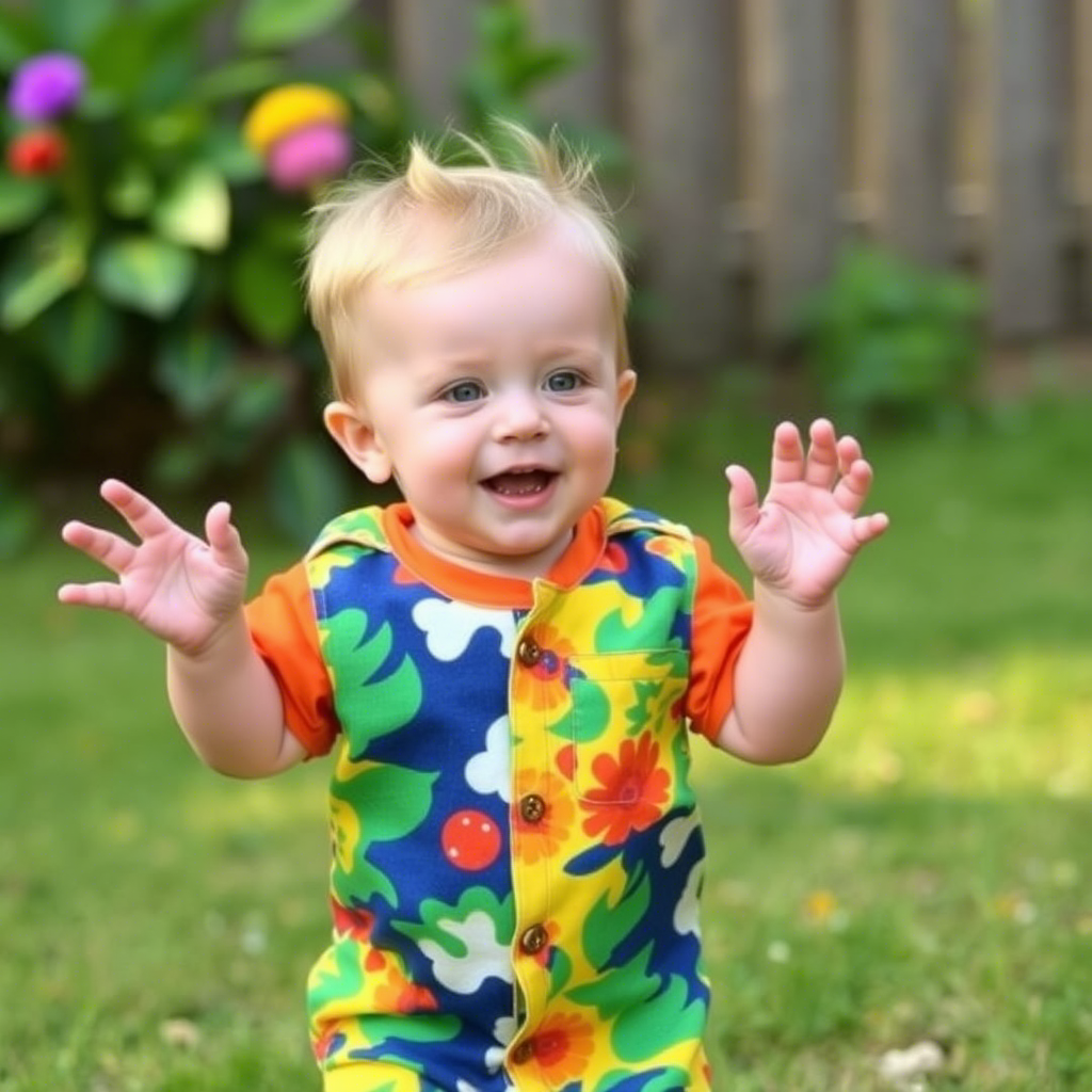 Cute baby boy in colorful summer outfit playing outside