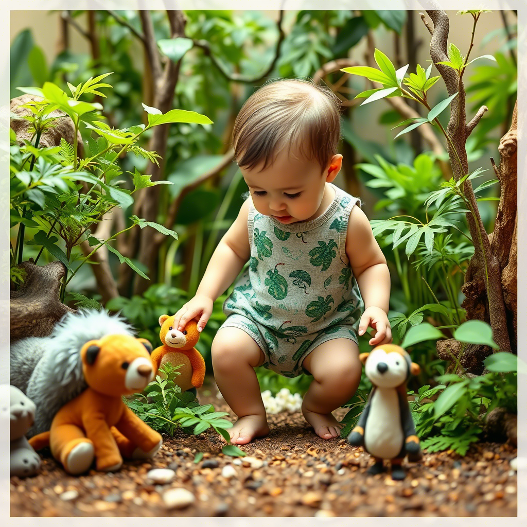 Cute baby in romper exploring a miniature jungle with stuffed animals