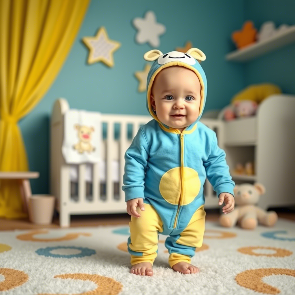 Cute baby wearing adorable cartoon character onesie in a nursery