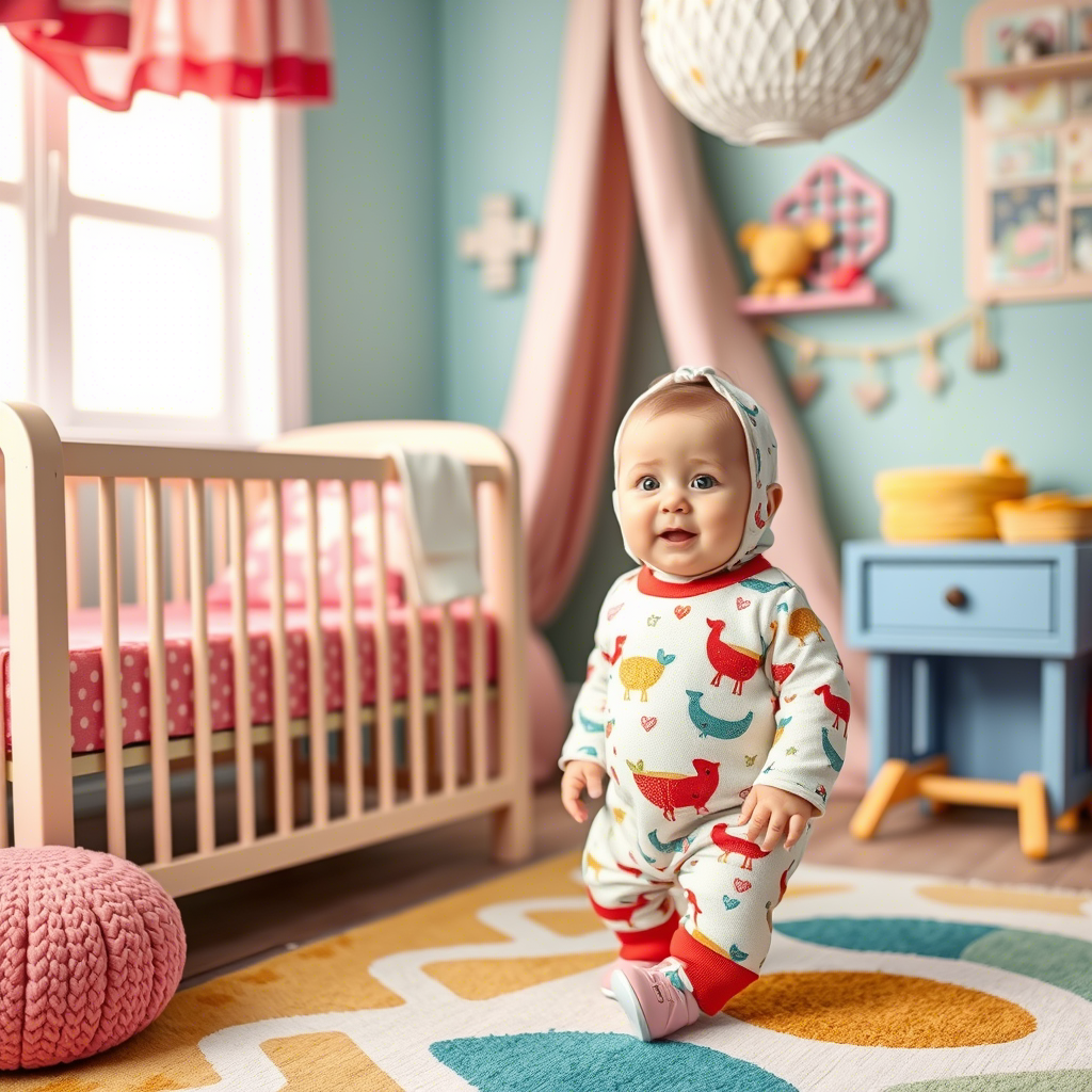 Cute baby wearing adorable infant clothes in a colorful nursery