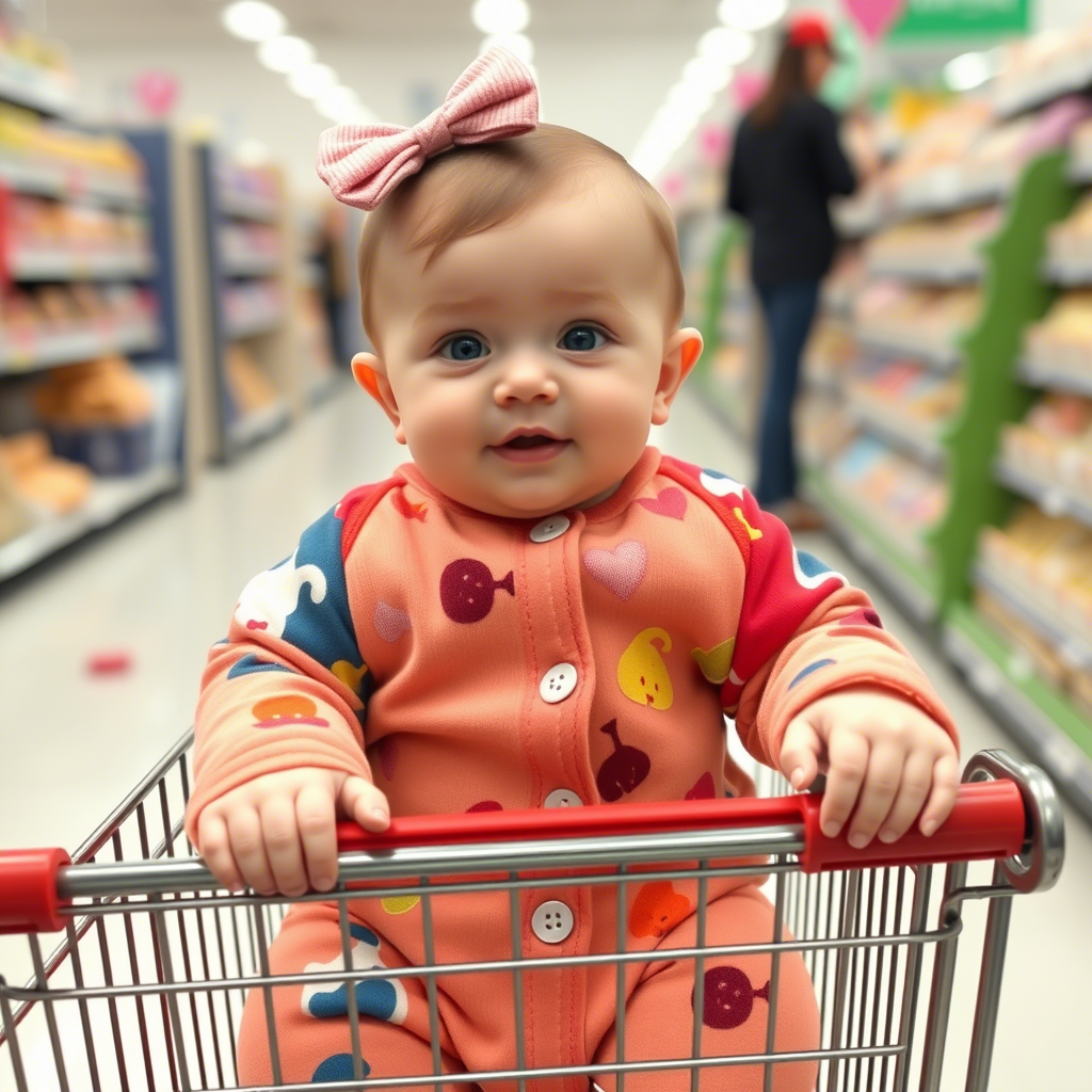 Cute baby wearing colorful onesies in a shopping cart