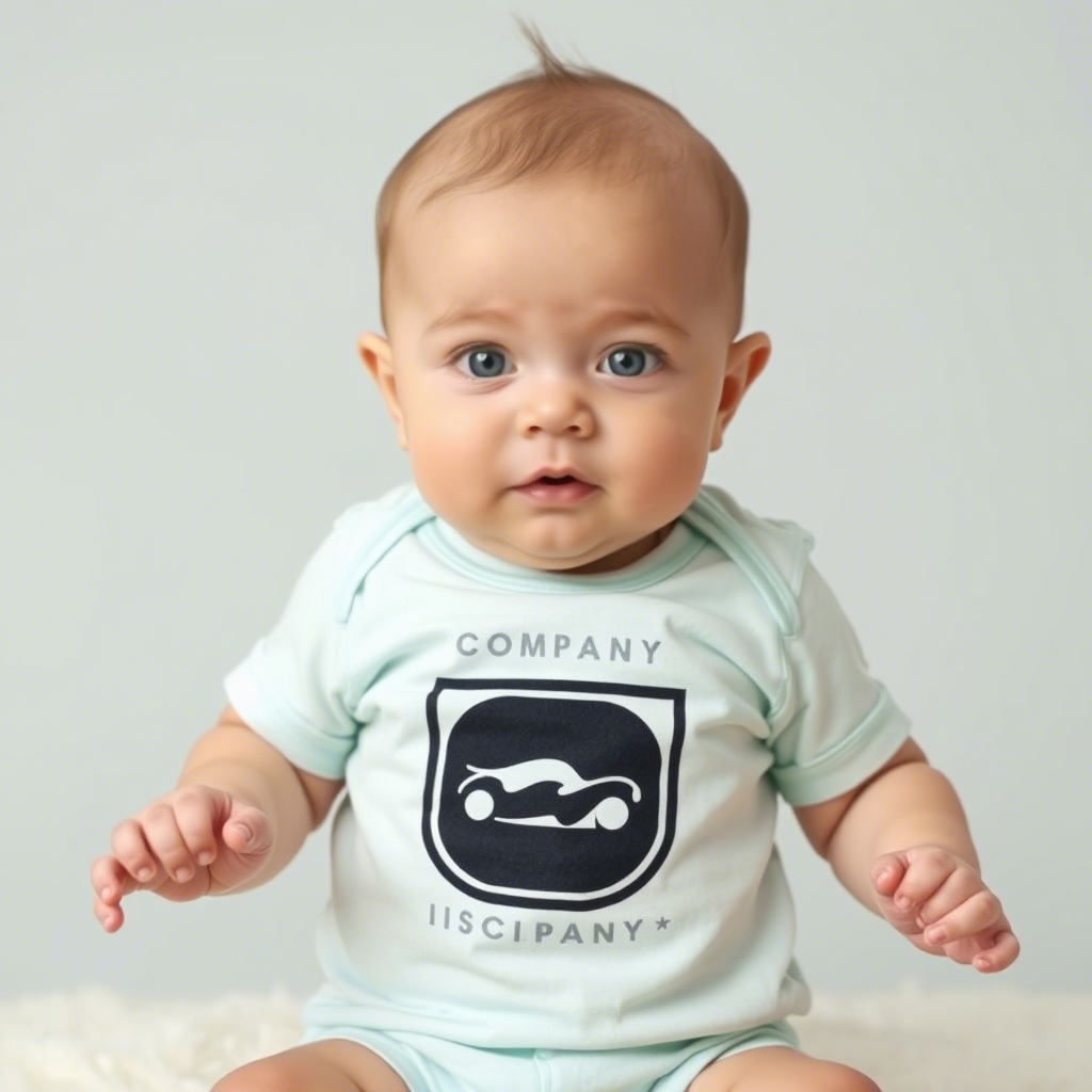 Cute baby wearing onesie with company logo on it