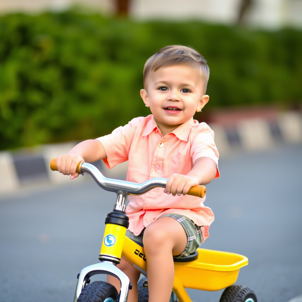 Cute boy in pastel shirt and shorts riding tricycle