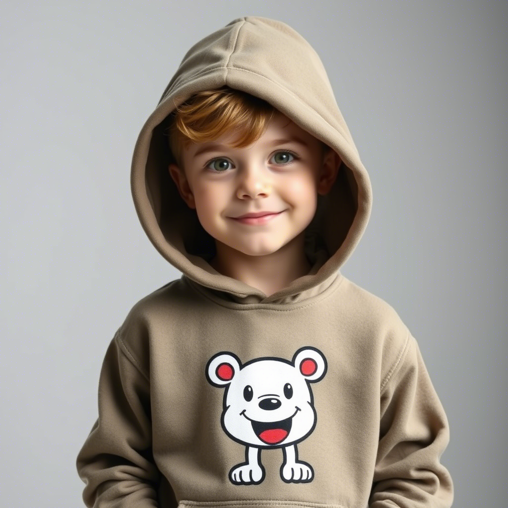 Cute boy modeling comfortable hooded sweatshirt with cartoon design