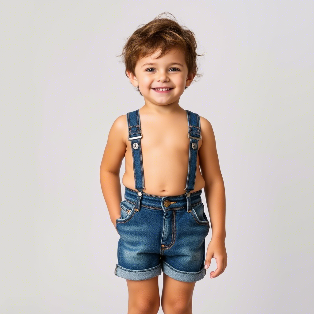 Cute boy modeling kids’ denim shorts with a big smile