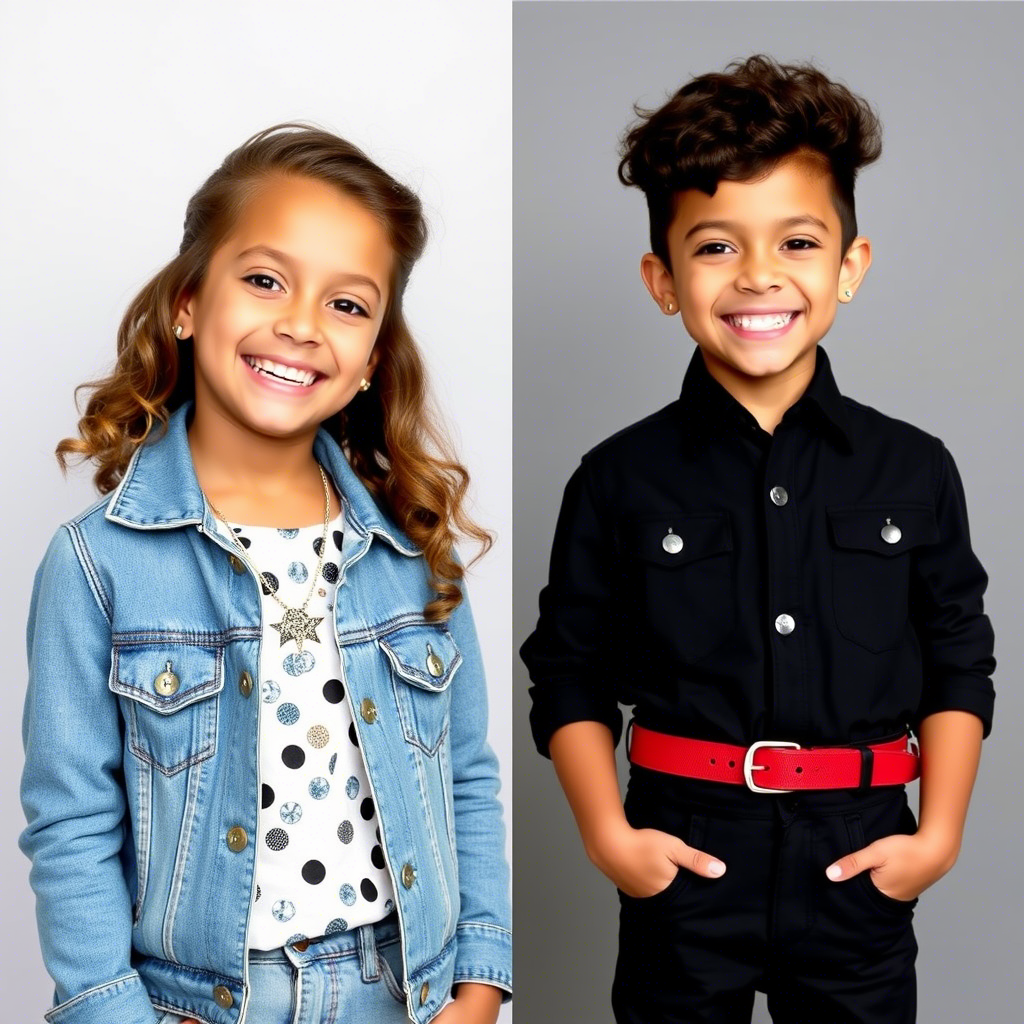 Cute boys and girls modeling stylish outfits, smiling brightly