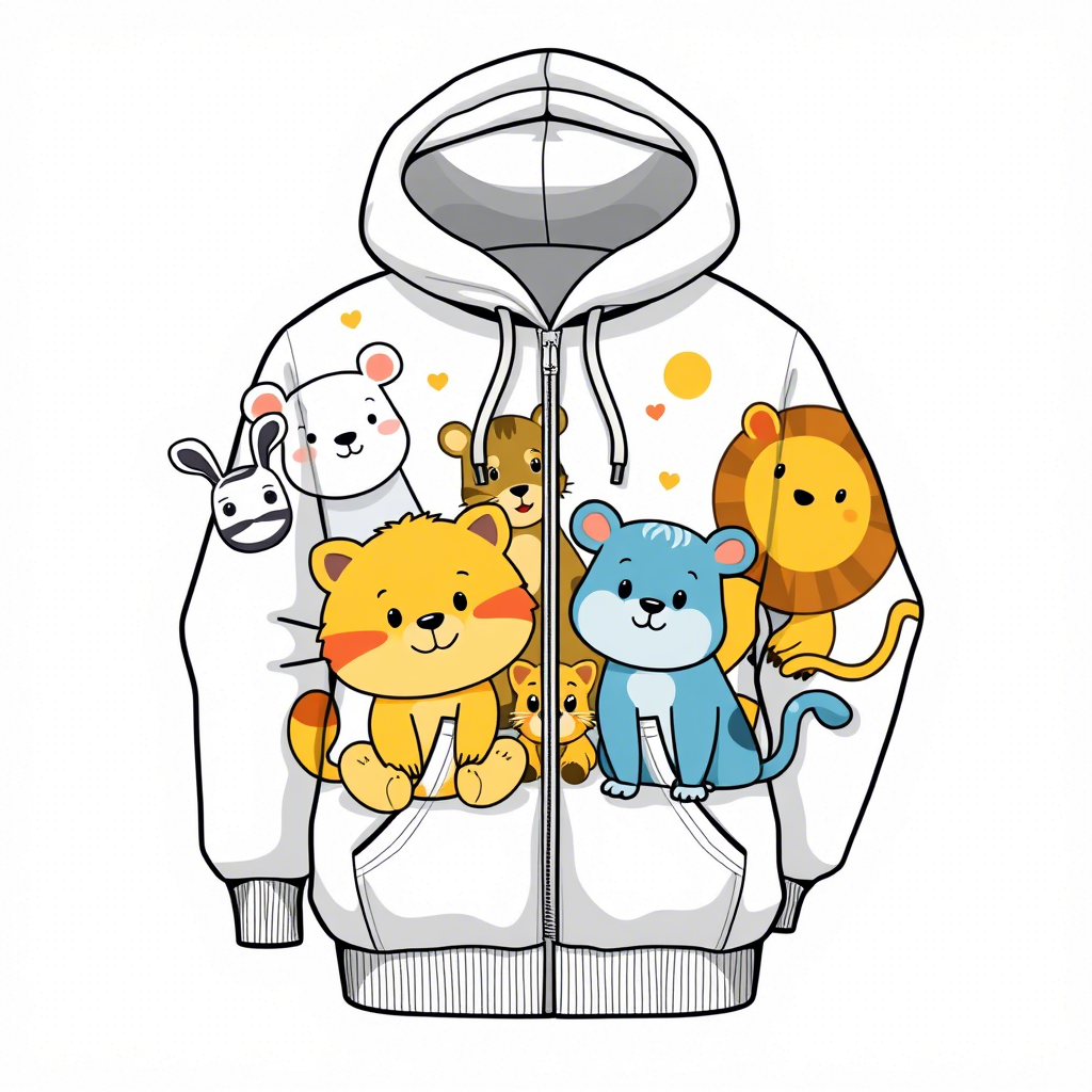 Cute cartoon animals on a kids’ hoodie design template