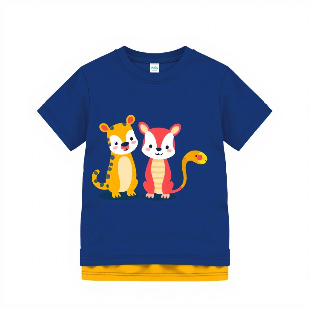 Cute cartoon animals printed on kids’ colorful t-shirts and shorts
