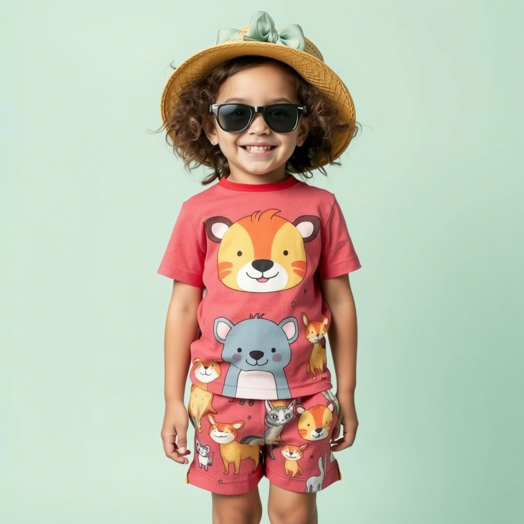 Cute cartoon animals printed on kids' colorful t-shirts and shorts