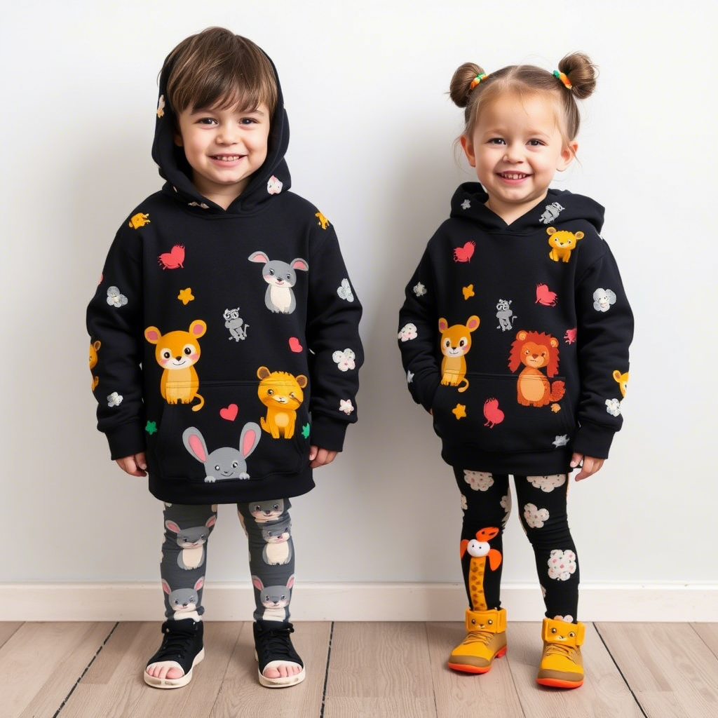 Cute cartoon animals printed on kids' hoodies and leggings