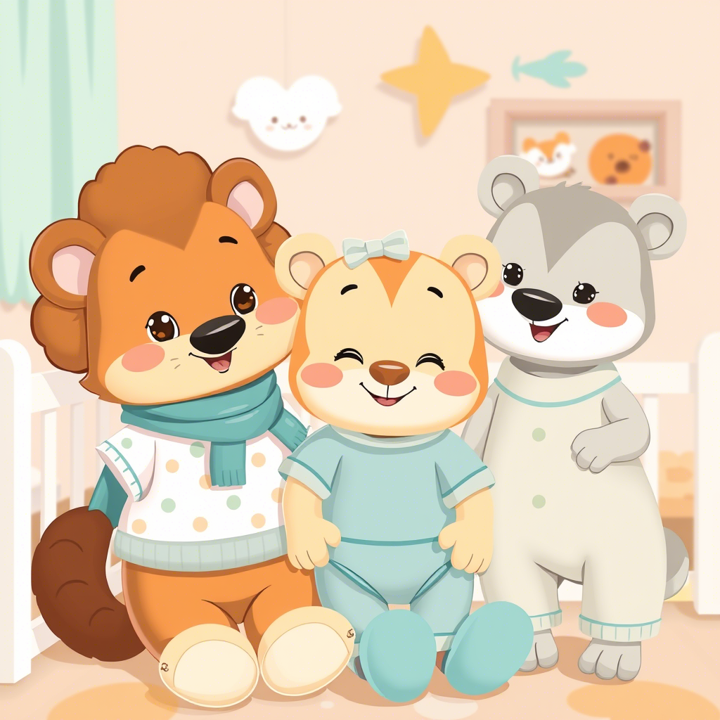 Cute cartoon animals wearing adorable baby clothes in a nursery setting