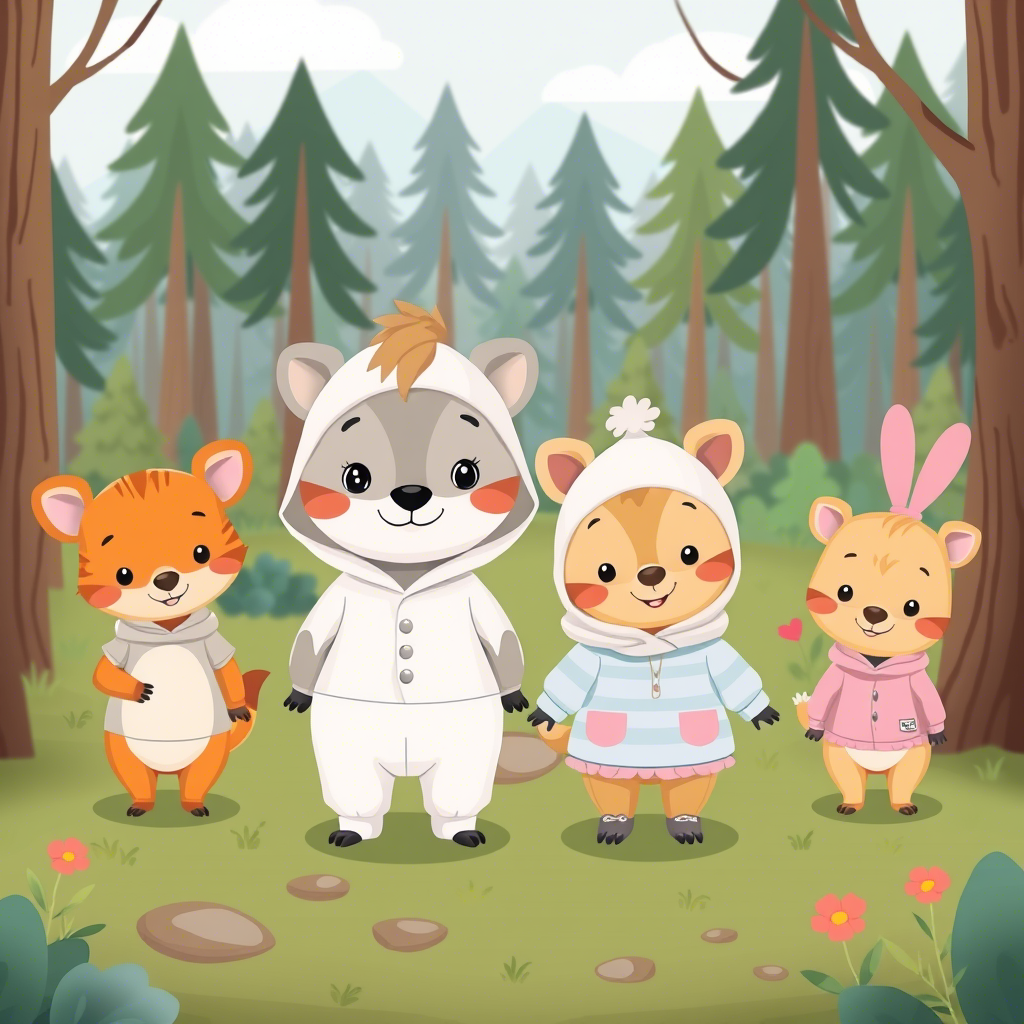 Cute cartoon animals wearing baby clothes in a forest
