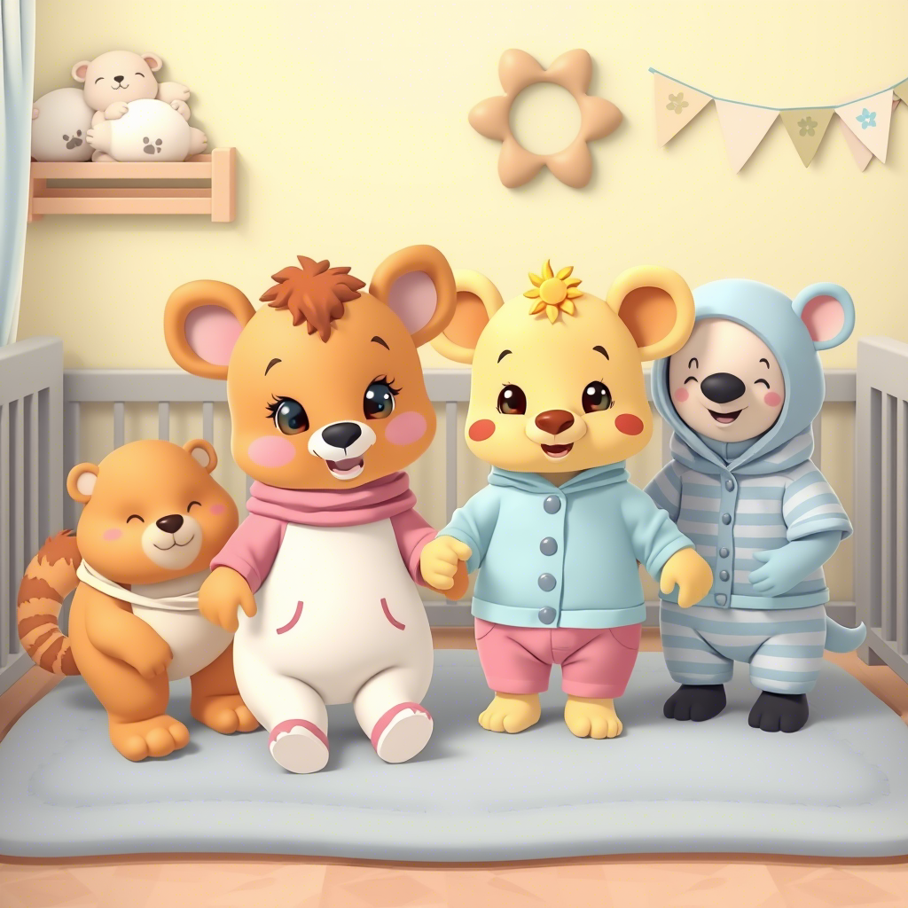 Cute cartoon animals wearing baby clothes in a nursery setting