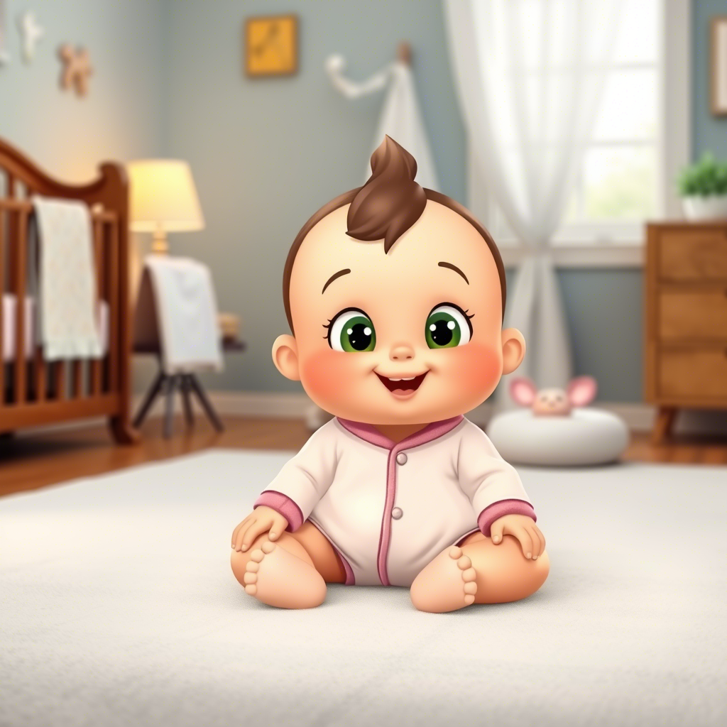 Cute cartoon baby wearing adorable onesie in a nursery setting
