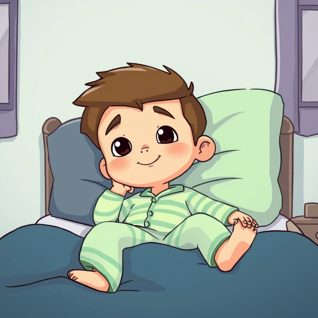 Cute cartoon character boy wearing striped pajamas relaxing on bed