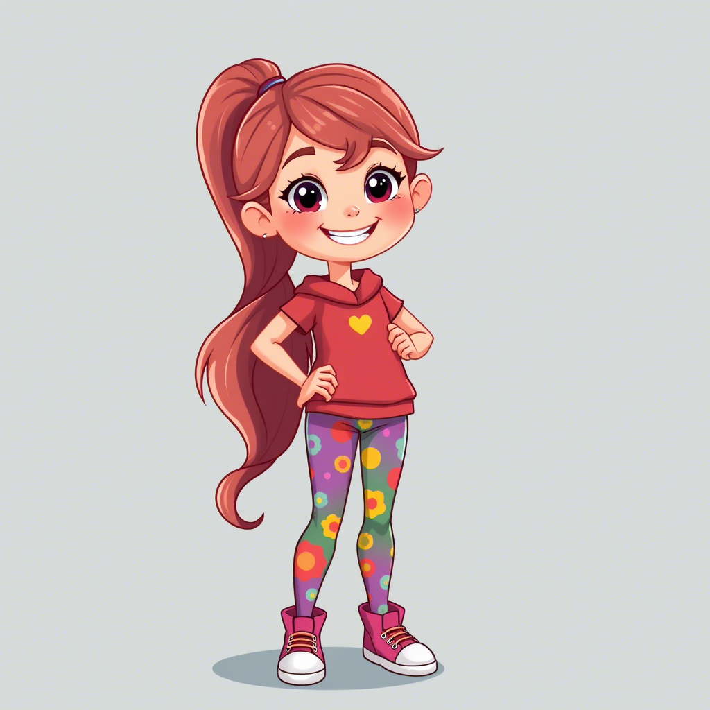 Cute cartoon character girl wearing colorful leggings and smiling