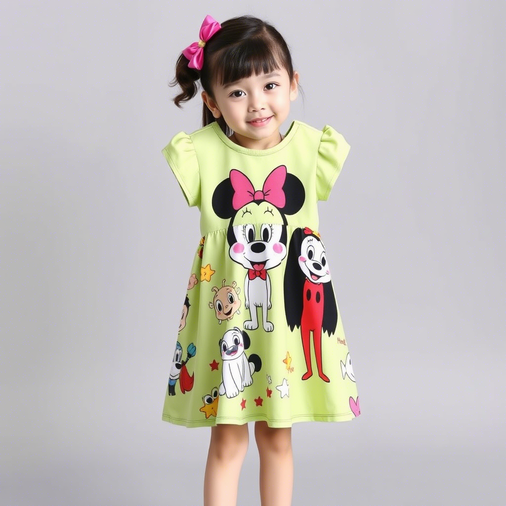 Cute cartoon character printed dress for little girls