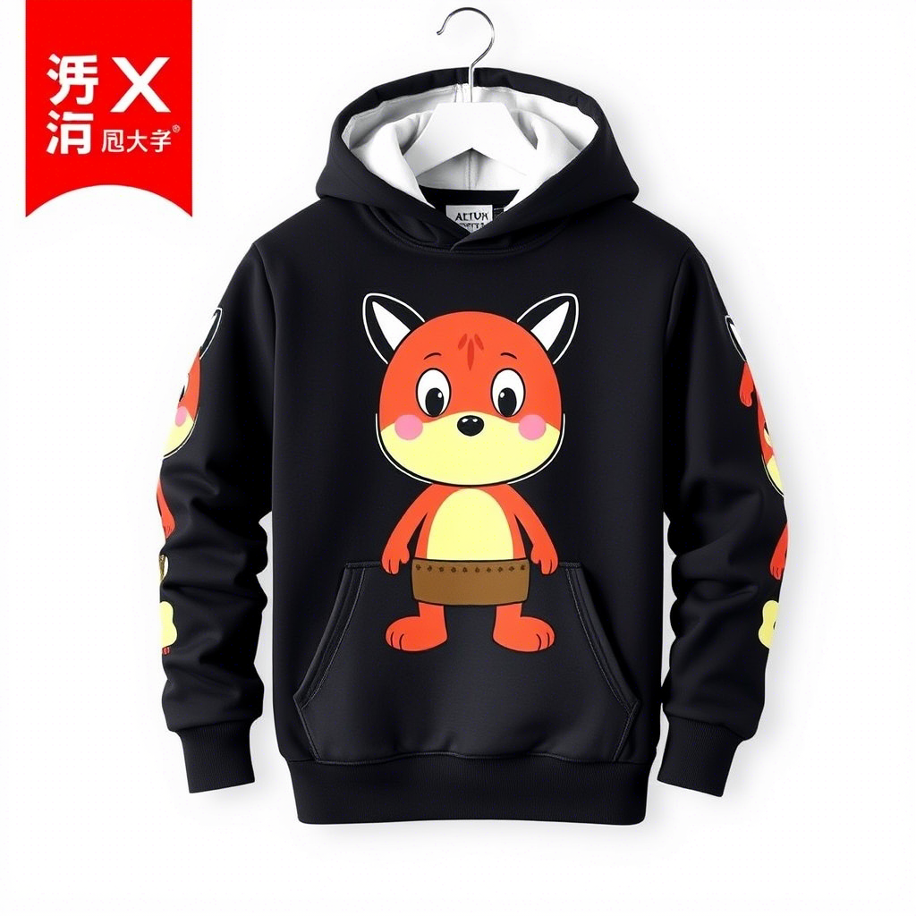 Cute cartoon character printed hoodies for kids in a supplier’s catalog