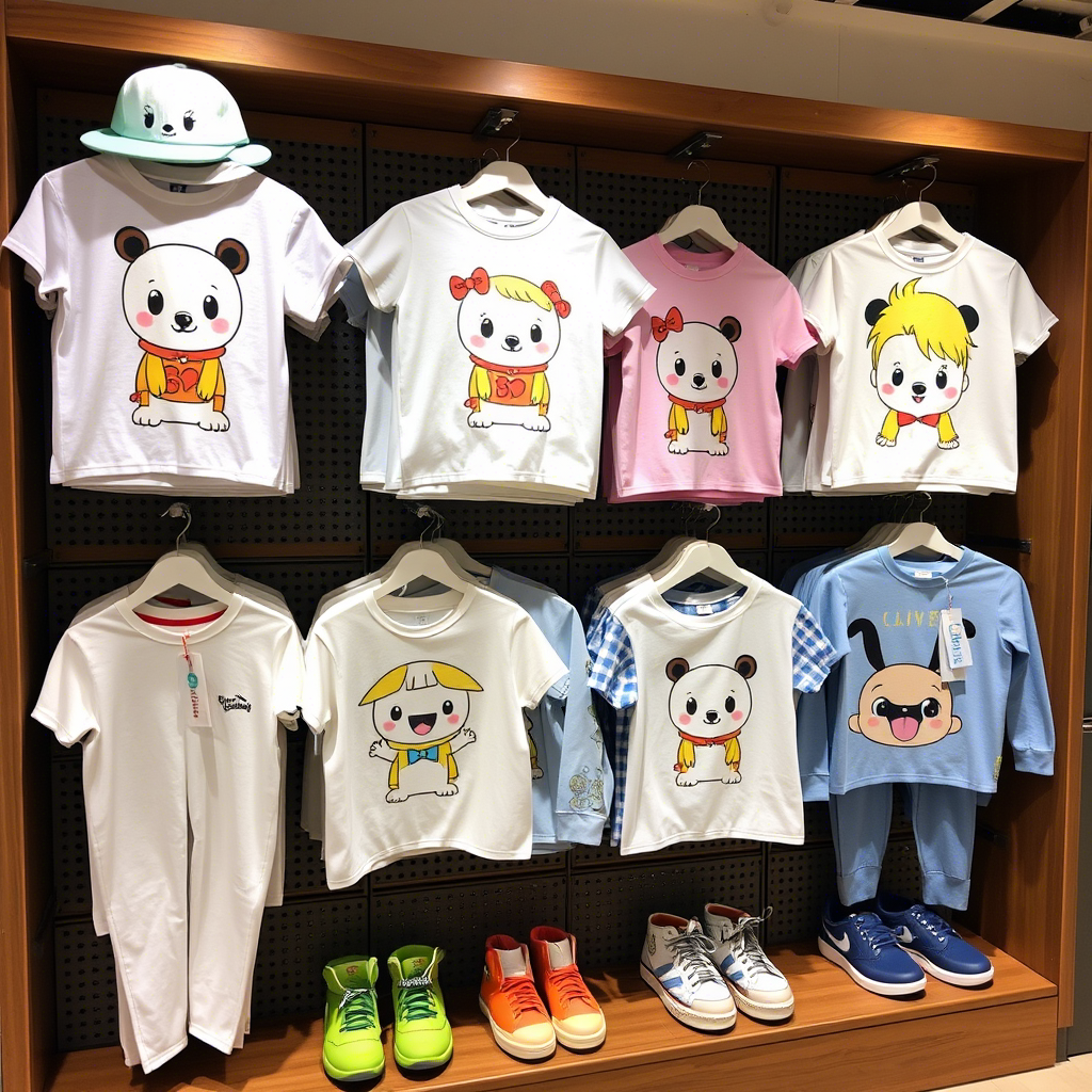Cute cartoon character printed kids apparel display