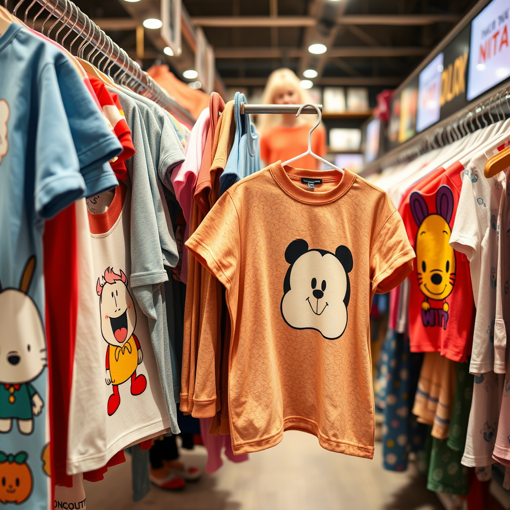 Cute cartoon character printed kids clothing hanging in a crowded online store