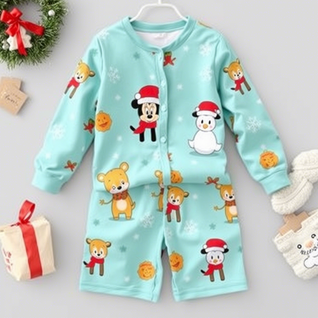 Cute cartoon character printed kids pajamas for Christmas morning